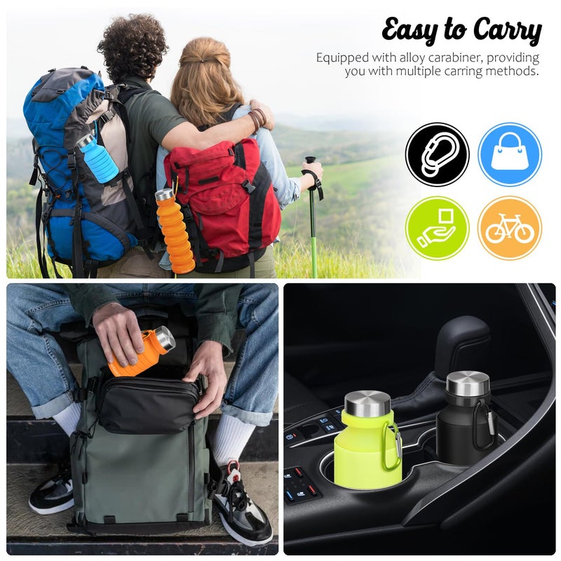 Nefeeko Collapsible Water Bottle, 18floz Reuseable BPA Free Silicone Foldable Water Bottles for Travel Gym Camping Hiking, Portable Leak Proof Sports Water Bottle with Carabiner - Image 4